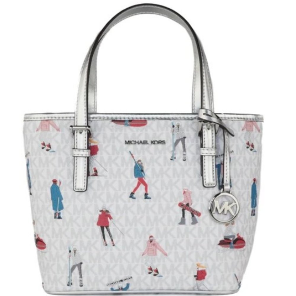 Michael Kors Jet Set Girls Print White Signature XS Carryall Top Zip Tote Bag